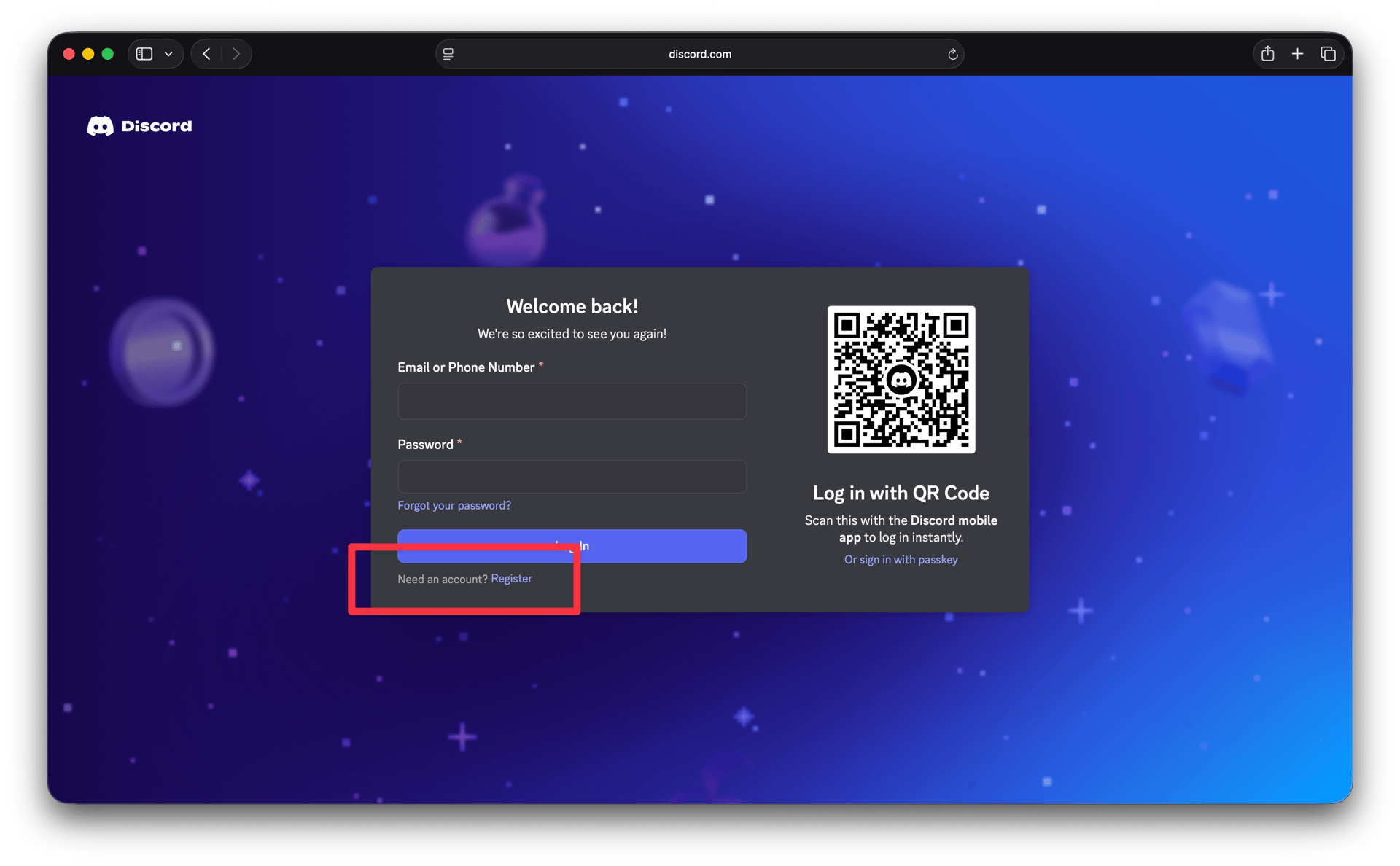 Discord registration screen
